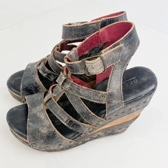 Bed Stu Brown Leather Wood Wedge Strappy Gladiator Sandals - Picture 4 of 14